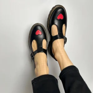 Black Heart T-strap Leather Mary Janes
