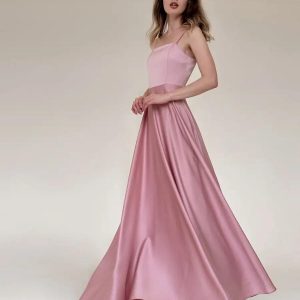 Pink Silk Maxi Dress Elegant A Line Satin