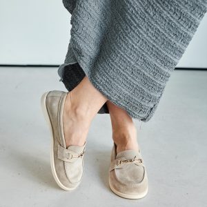 Stylish Beige Loafers Handmade Women's Suede Comfortable Grounding