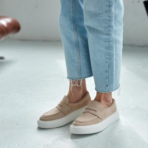 Beige Leather Loafers Casual Soft Flats Suede Loop