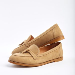 Beige Suede Loafers Comfortable Leather Tassel Flats Classic